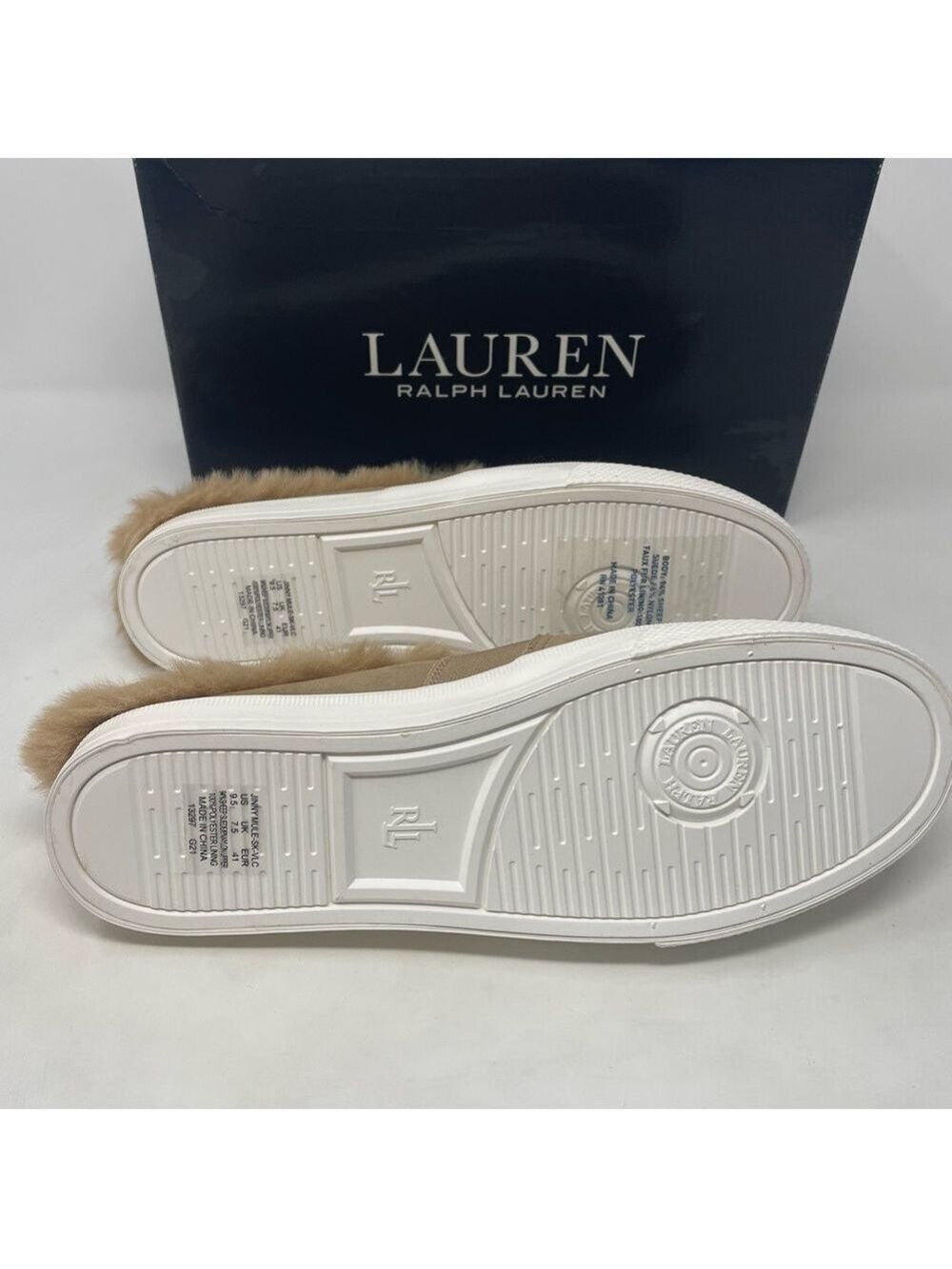 Nib Ralph Lauren Jinny Faux Fur Trim Suede Mule Slippers - Picture 11 of 11
